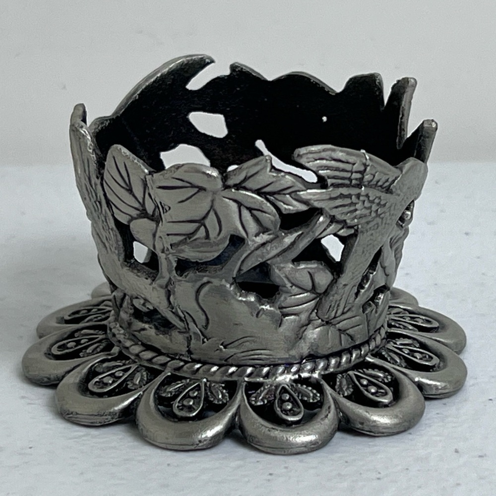 Vintage Silver Tone Pewter Metal Hummingbird And Floral Candle Holder - Picture 2 of 10